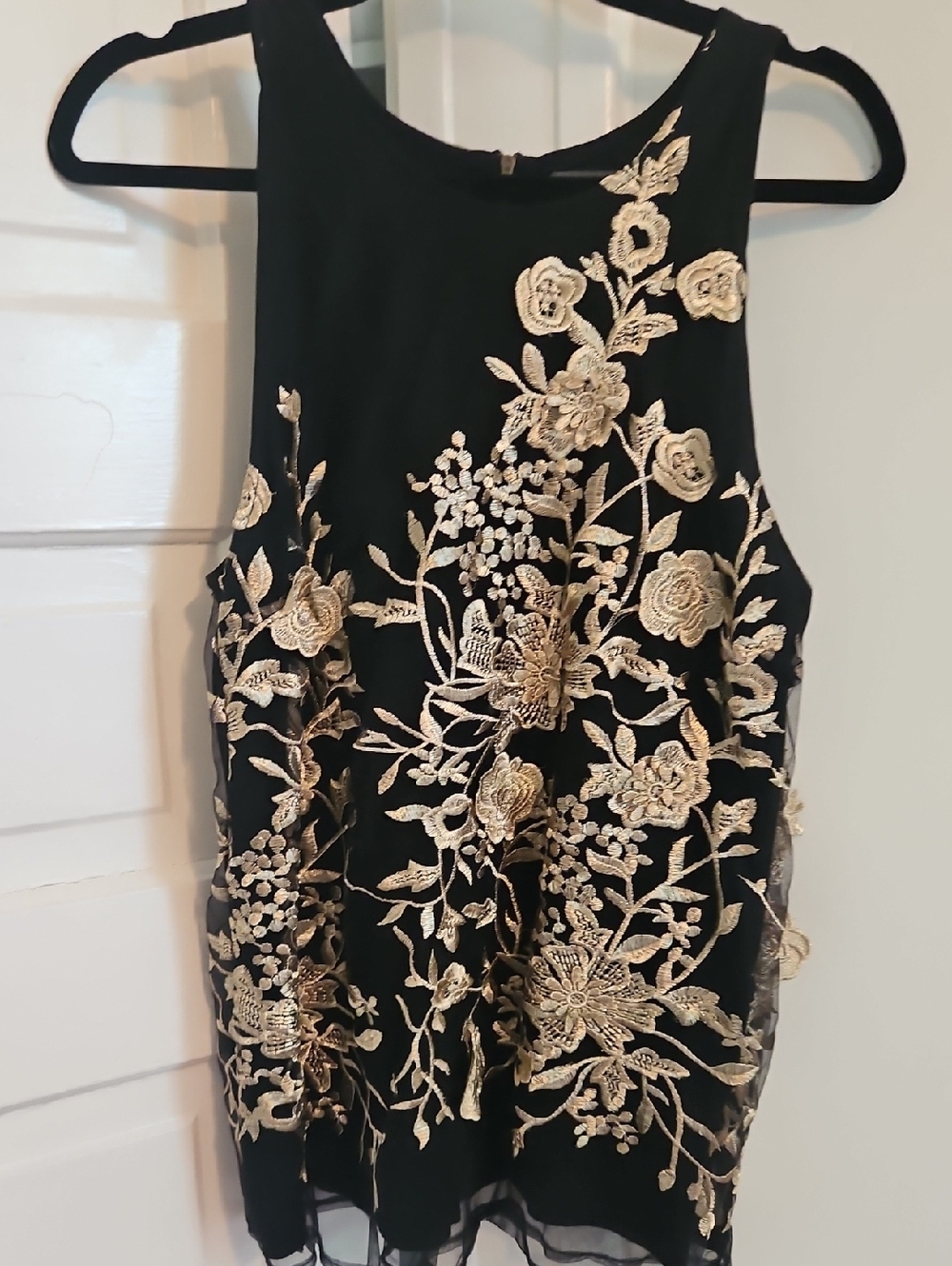 Sunday In Brooklyn -- Black with Gold Floral Embroidery - Women's Evening Top